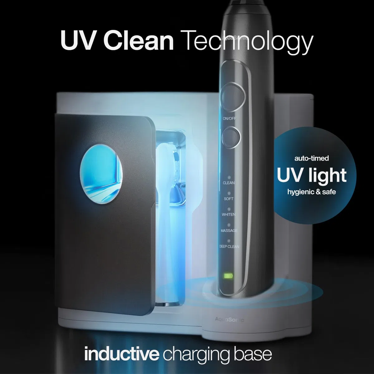 Aquasonic Vibe Series PRO - Spazzolino da denti ultra sbiancante - 5 modalità e timer intelligenti - Base disinfettante UV - ADA accettato (carbone metallico)