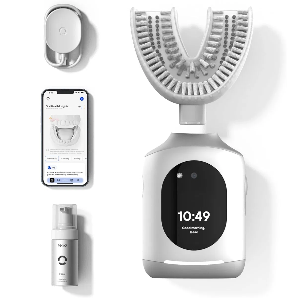 Feno Smartbrush Spazzolino Elettrico Oscillante AI-Powered con App e Boccaglio Personalizzato, Pulizia Profonda 20 Secondi Ricaricabile