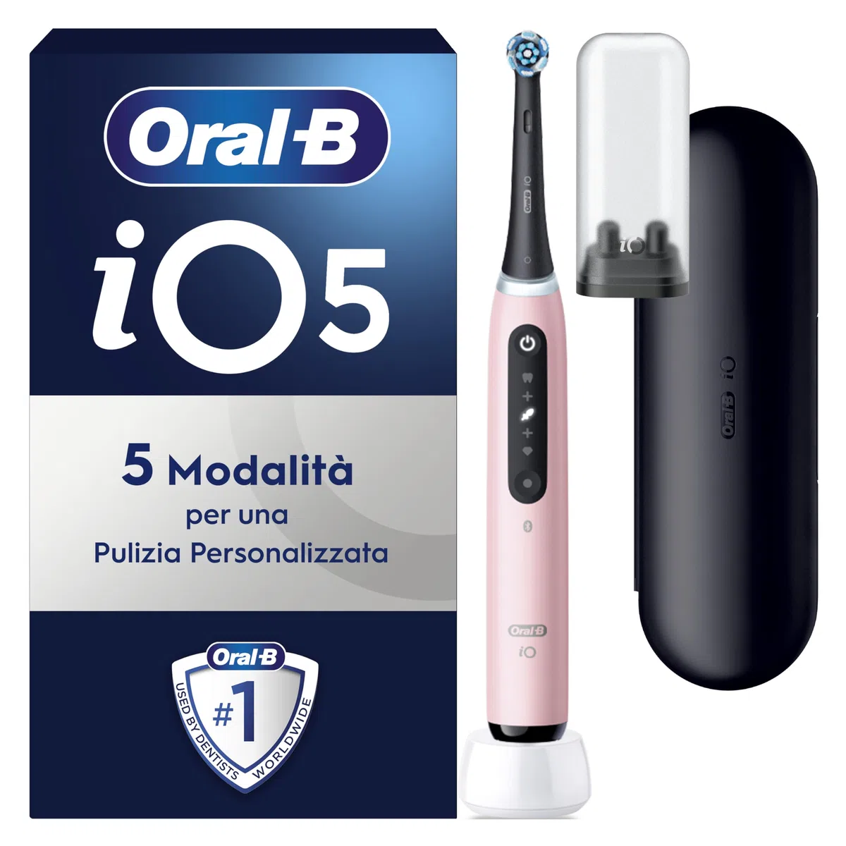 Oral-B iO 5 Spazzolino Elettrico, con 1 Testina di Ricambio, Custodia, Rosa - 1 Testine di Ricambio per Spazzolino Elettrico, Ricaricabile, Custodia da Viaggio, Sensore di Pressione, Pulizia Denti