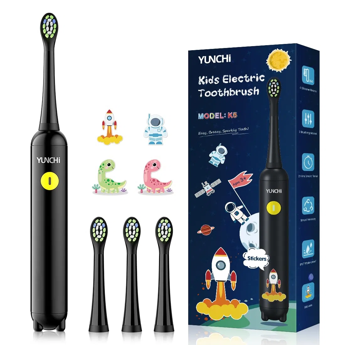 YUNCHI Spazzolino Elettrico Bambini 3-6-12 Anni, K5 Ricaricabile Spazzolino Elettrico con Timer 2 Minuti, 3 Modalità, 4 Testine Morbide, IPX7 Impermeabile Spazzolino Bambini con 4 Adesivi (Nero)