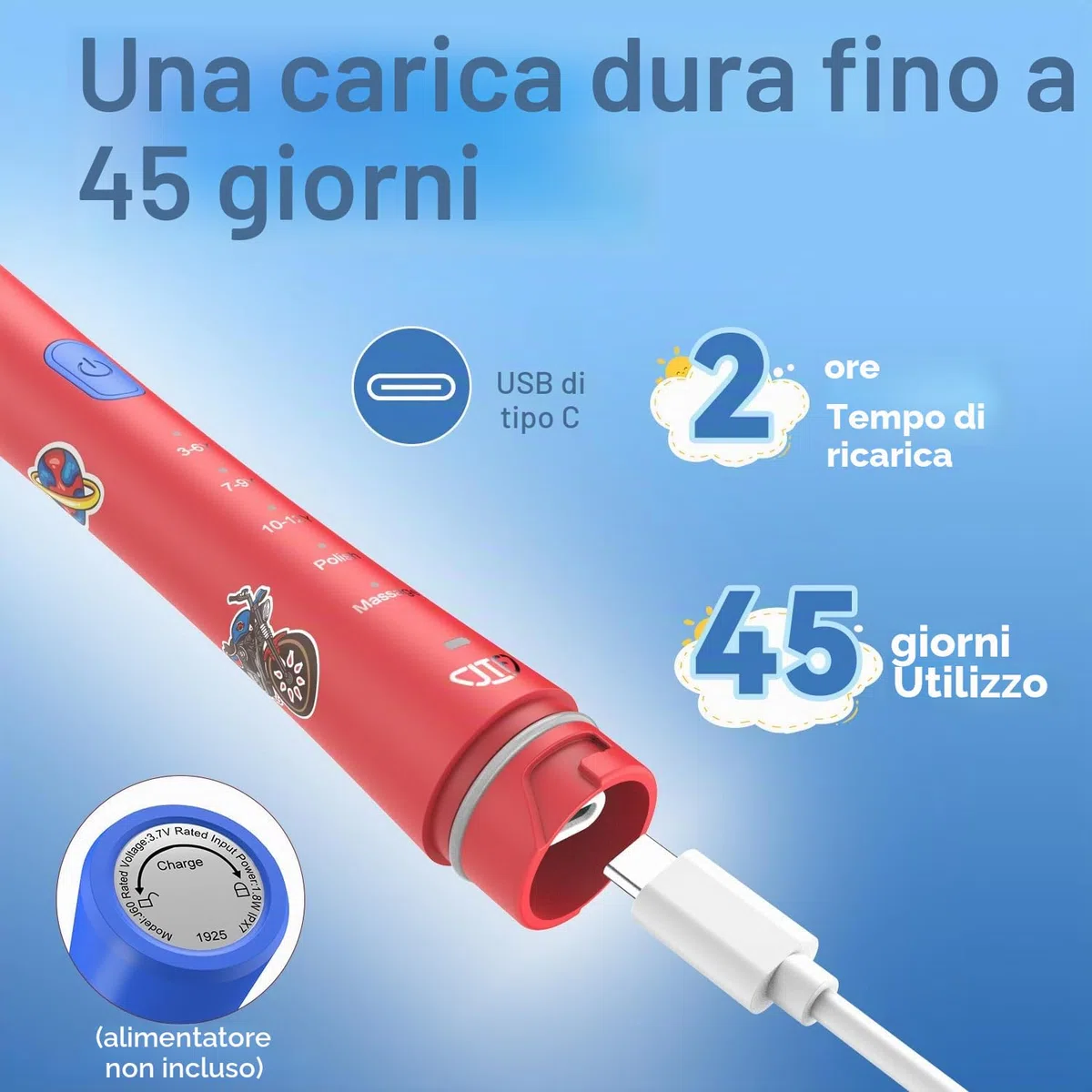 JTF Spazzolino Elettrico Bambini 3-12 Anni con 4 Testine, Timer, 5 Modalità di Pulizia, Timer Intelligente, Adesivi Personalizzabili - IPX7 Impermeabile Idea Regalo per Ragazzi