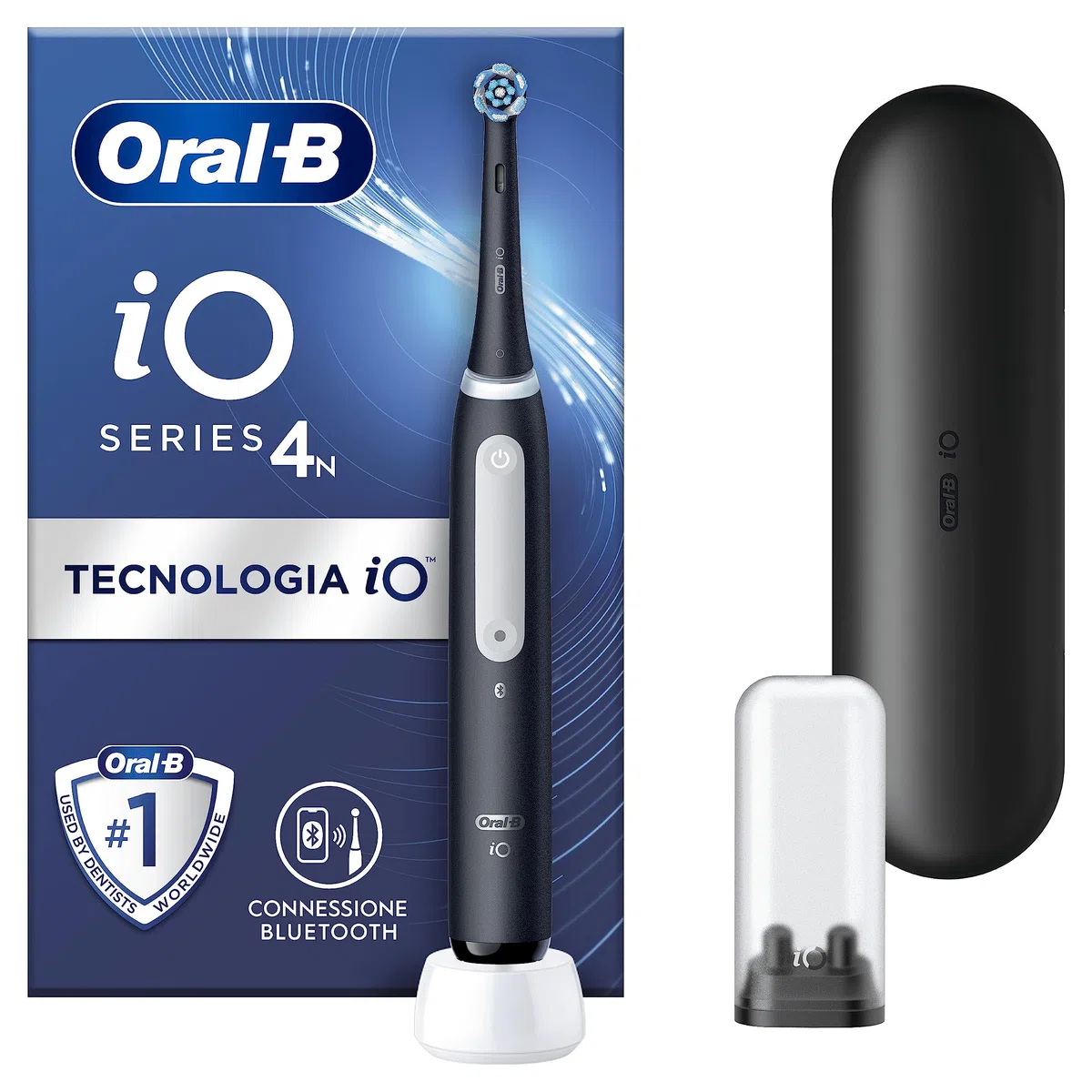 Oral-B Spazzolino Elettrico Ricaricabile iO 4N, Sensore di Pressione, Connessione Bluetooth, 4 Modalità di Spazzolamento, 1 Testina, 1 Spazzolino, 1 Custodia da Viaggio, Nero, Idea Regalo