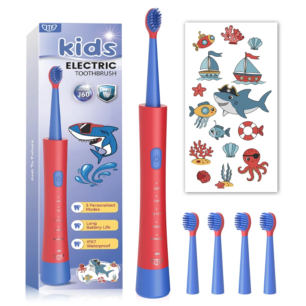 JTF Spazzolino Elettrico Bambini 3-12 Anni con 4 Testine, Timer, 5 Modalità di Pulizia, Timer Intelligente, Adesivi Personalizzabili - IPX7 Impermeabile Idea Regalo per Ragazzi