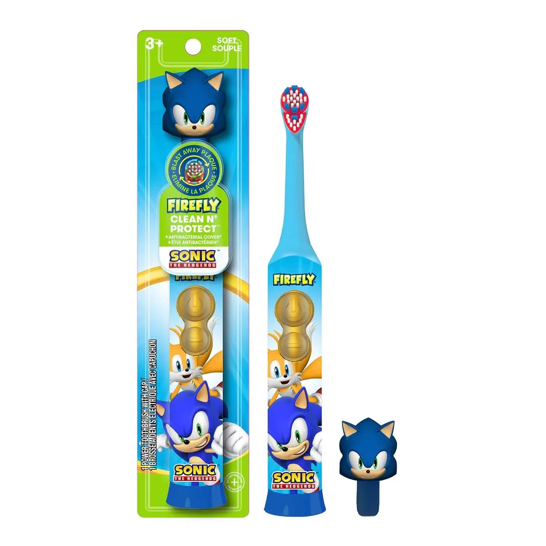 FIREFLY Clean & Protect, Sonic The Hedgehog Spazzolino da denti 3D morbido, copertura igienica 3D, impugnatura antiscivolo, batteria inclusa, età 3+