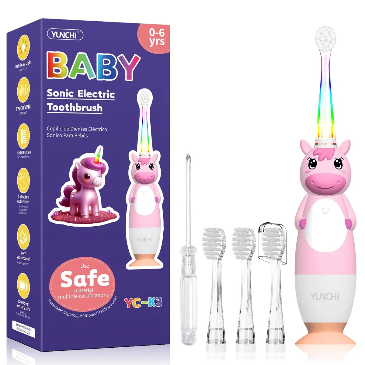 YUNCHI K3 Spazzolino elettrico per bambini da 0-6 anni bambino con luce LED colorata Smart Timer spazzolino elettrico per bambini piccoli spazzolino sonico con 4 testine morbide (Unicorno rosa)