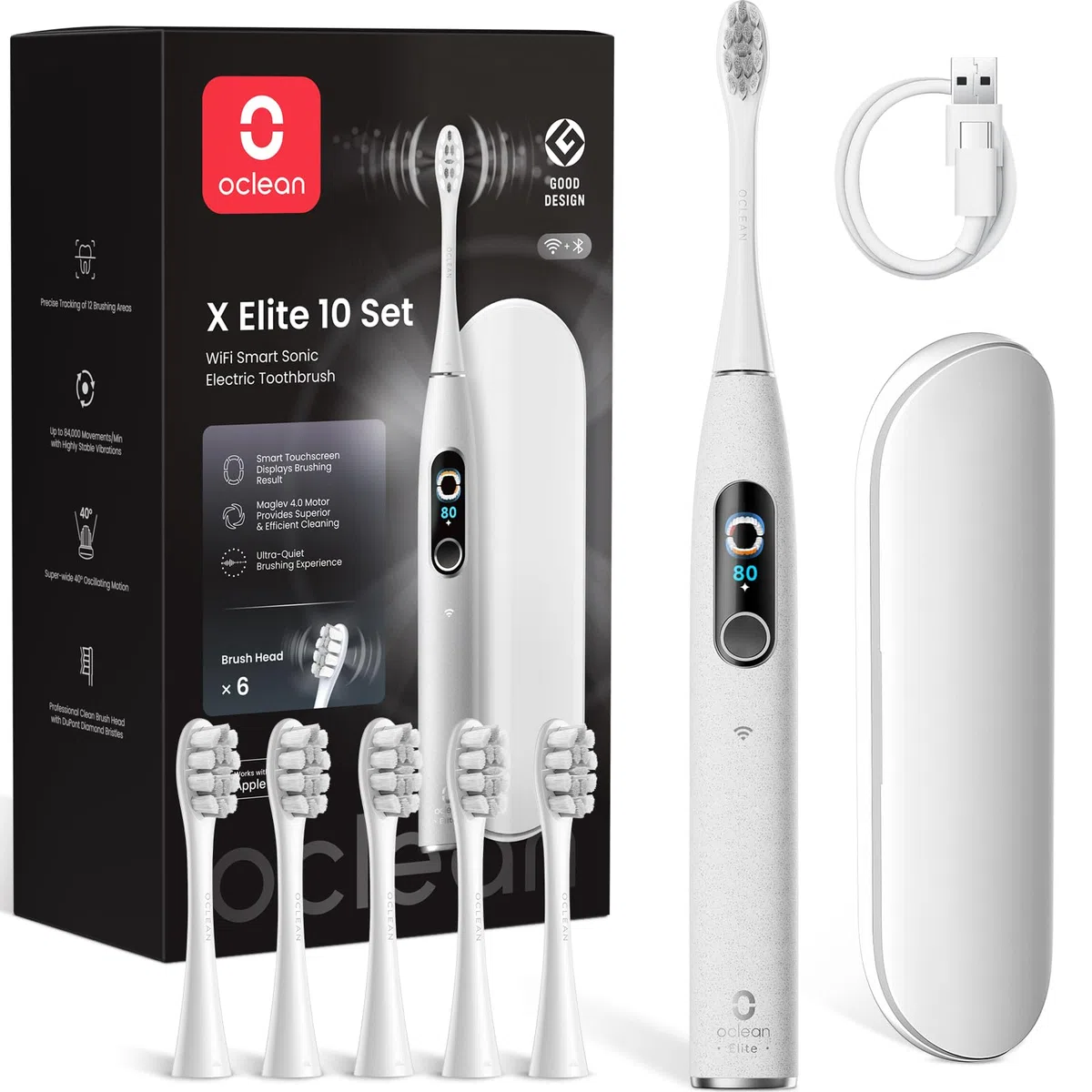 Spazzolino elettrico Oclean X Elite 10 Set, Spazzolatura personalizzata AI, Touchscreen con tracciamento a 12 aree, 40° Oscillazione, 5 Modalità, Timer, 40 Giorni, Previsioni meteo, IPX7, Grigio