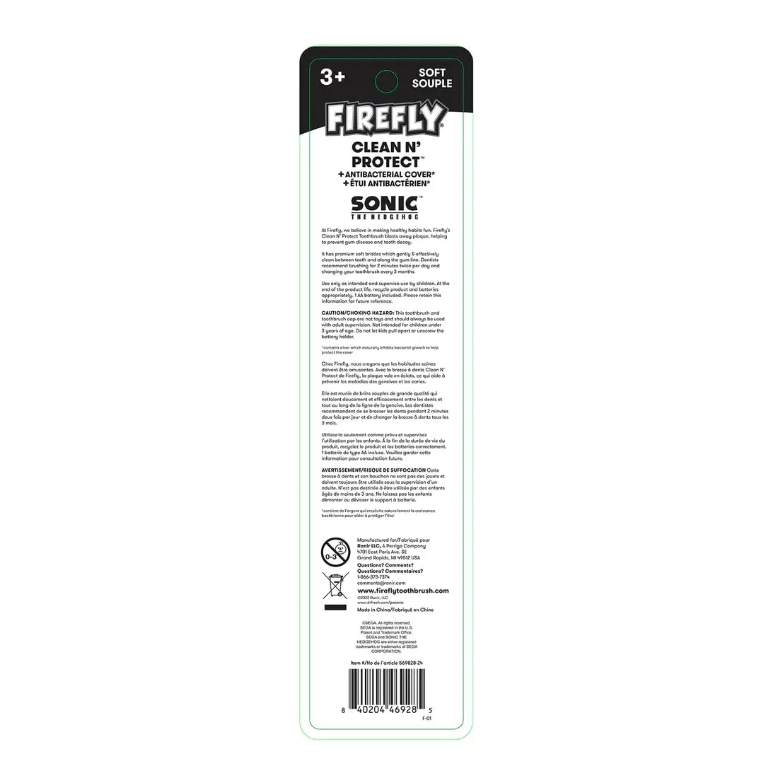 FIREFLY Clean & Protect, Sonic The Hedgehog Spazzolino da denti 3D morbido, copertura igienica 3D, impugnatura antiscivolo, batteria inclusa, età 3+