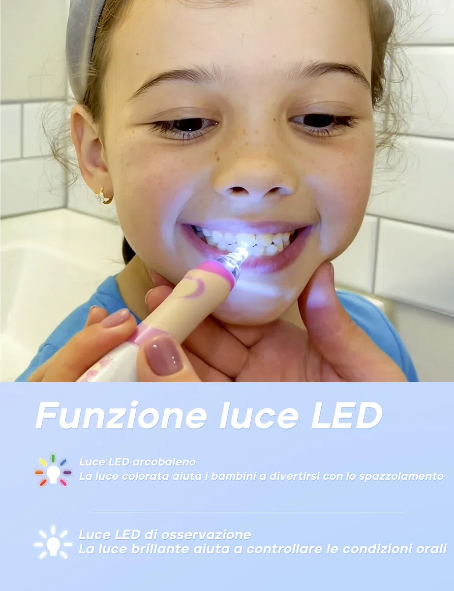 Seago Spazzolino Elettrico Bambini 3-12 Anni Spazzolino Bambini Spazzolini Elettrici Con 4 Testine Spazzolino Elettrico Luce LED Colorata e Osservante 4 Modalità Timer Intelligente SG-977, Blu
