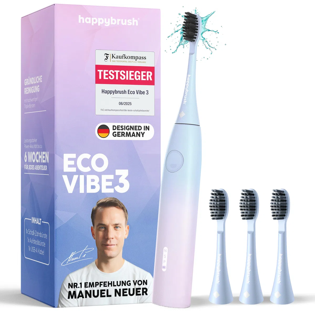 happybrush Spazzolino sonico Eco Vibe 3 – "La grotta dei leoni" – Vincitore del test – Spazzolino elettrico con batteria da 6 settimane – Spazzolini da denti ultrasonici – Include 3 testine – Sunrise