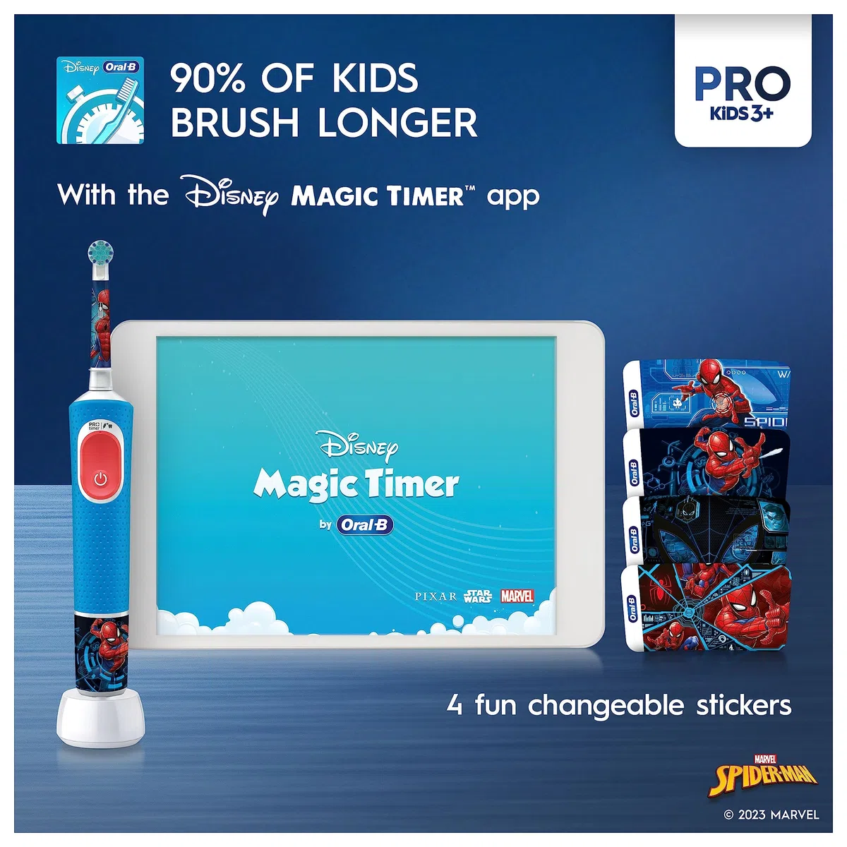 Oral-B Spazzolino elettrico Pro Kids, regalo di Natale per bambini, 1 testina per spazzolino da denti, 4 adesivi Spiderman, 2 modalità con modalità sensibile adatta ai bambini, dai 3 anni in su, spina