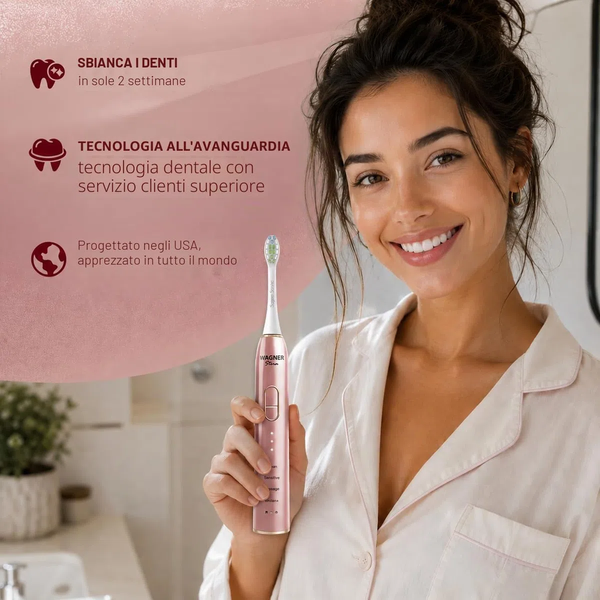 Wagner Stern IntelliBrush Series - Spazzolino elettrico sbiancante con sensore di pressione, 4 modalità di spazzolatura, 3 intensità, 8 testine morbide e una custodia da viaggio di lusso.