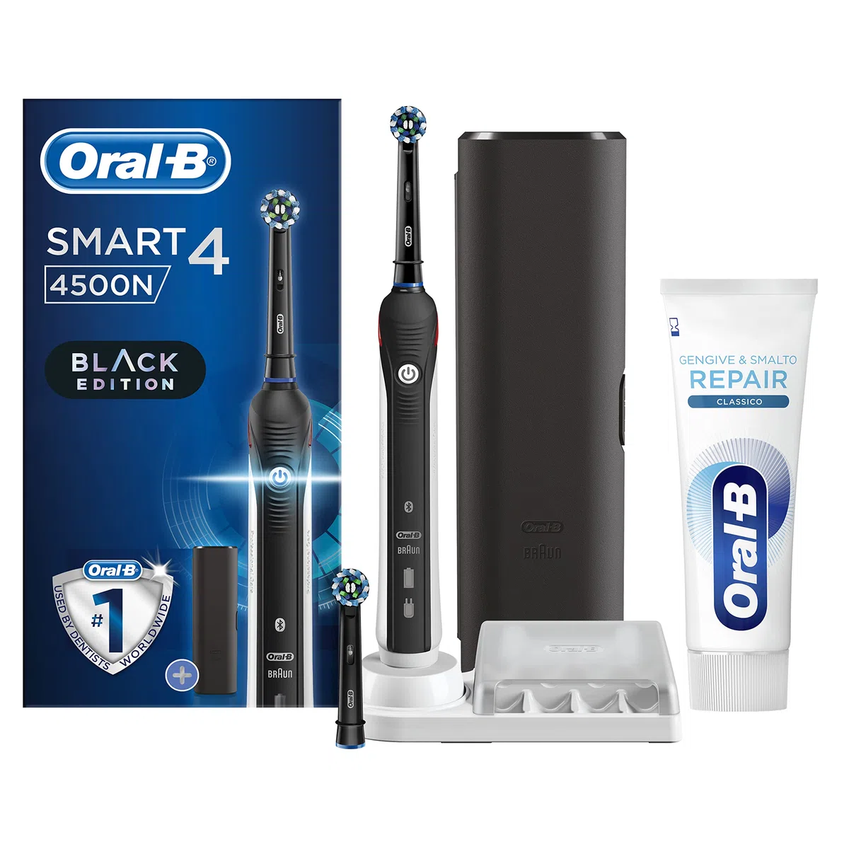 Oral-B Pro Series 4500 Spazzolino Elettrico, Testina di Ricambio, Custodia, Nero - 1 Testine di Ricambio per Spazzolino Elettrico, Ricaricabile + Dentifricio Oral-B Gengive & Smalto Repair Classico