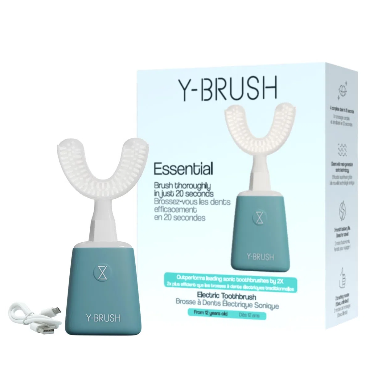 Y-Brush Essential - Spazzolino da denti elettrico sonico, automatico, 3 mesi di autonomia, 2 modalità di vibrazione, clinicamente dimostrato dai dentisti