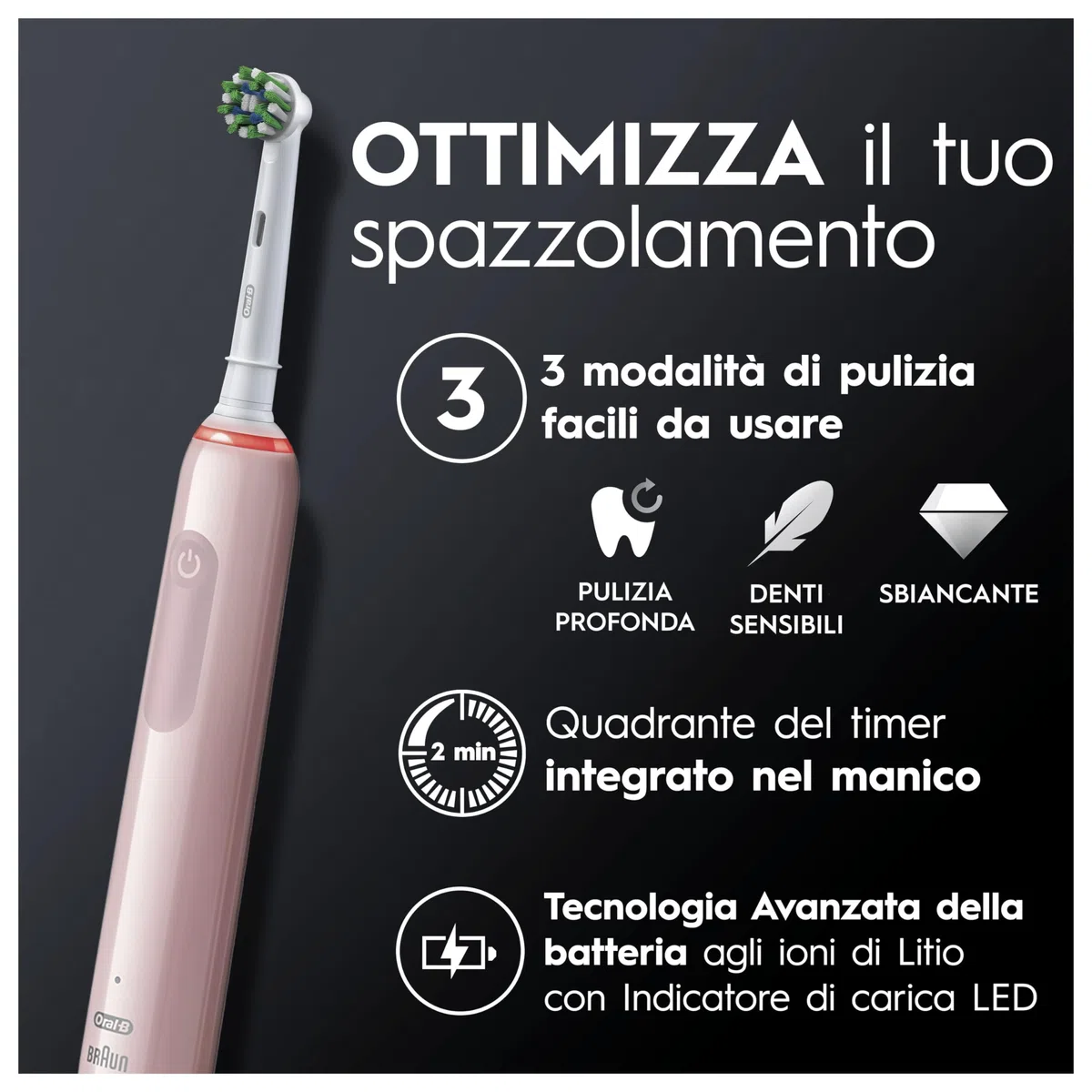 Oral-B Spazzolino Elettrico Ricaricabile Pro Series 3, Sensore di Pressione Luminoso, Batteria a Lunga Durata, 2 Testine, 1 Spazzolino Elettrico, 1 Custodia Viaggio, Rosa, Idea Regalo