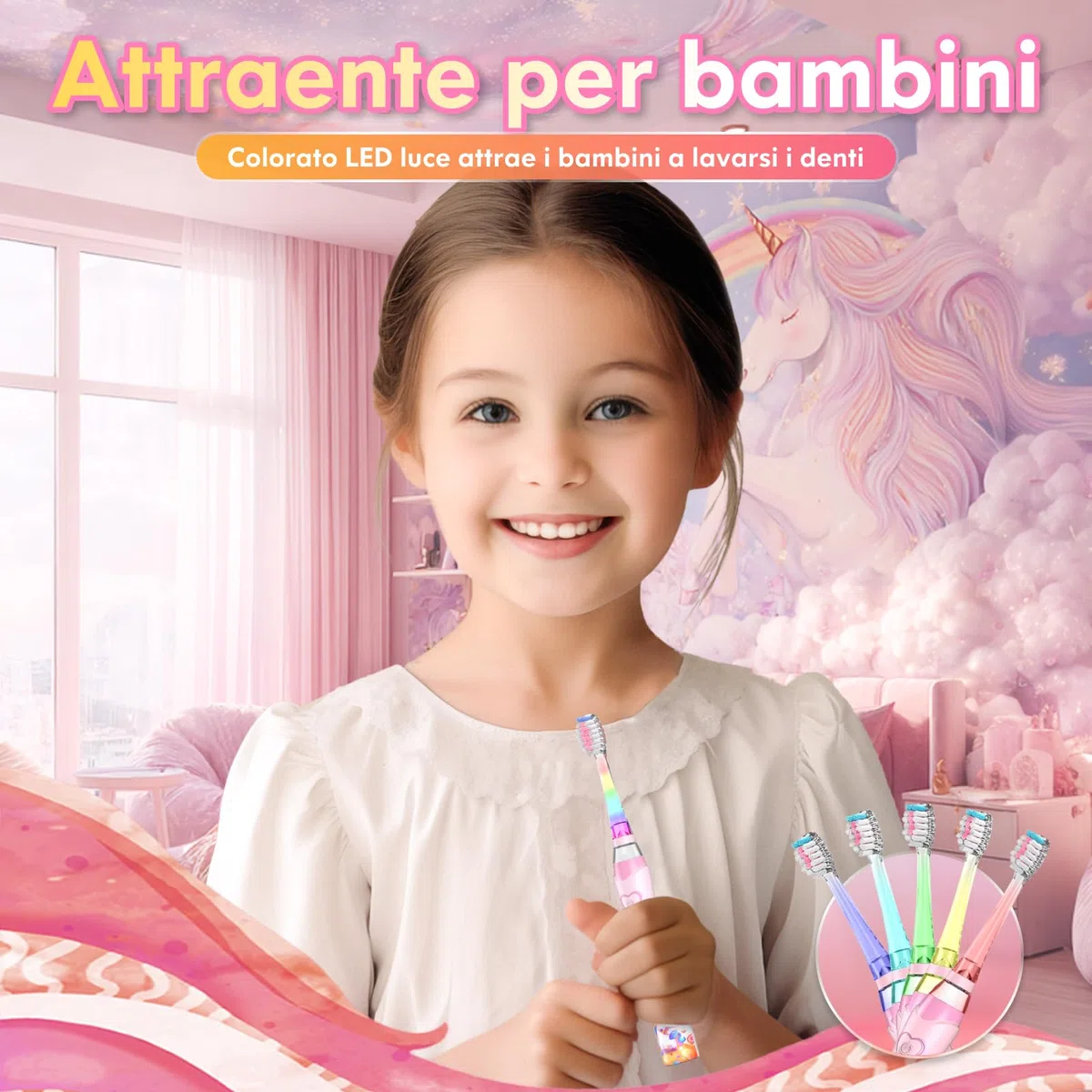 Spazzolino Elettrico Bambini 3-6-12 Anni Spazzolino Elettrico Bambina Bambino Con Timer Luci LED Arcobaleno E 4 Testine Morbide (Unicorno Rosa)