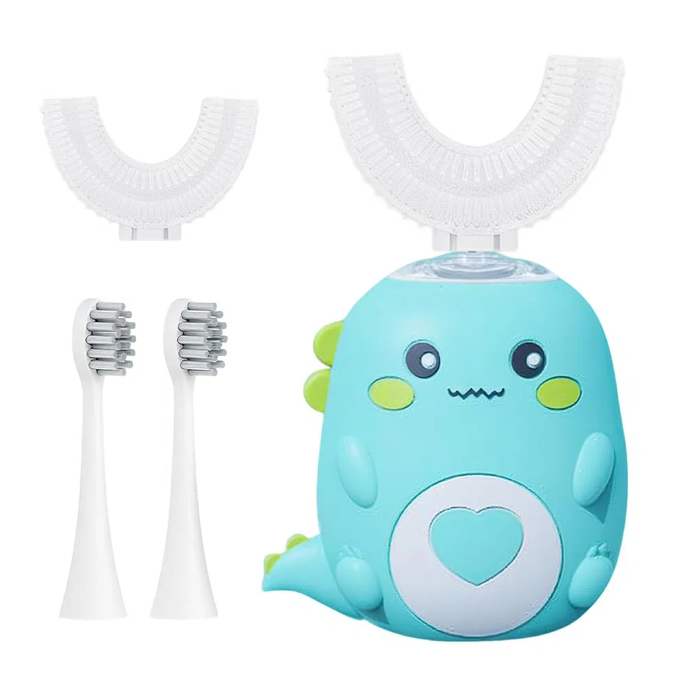 Spazzolino Elettrico a Forma di U per Bambini, Spazzolino Sonico con 2 Testine a Forma di U in Silicone e 2 Testine Morbide, 360º, Design a Dinosauro, per Bambini e Bambine Dai 2 ai 12 (Verde)
