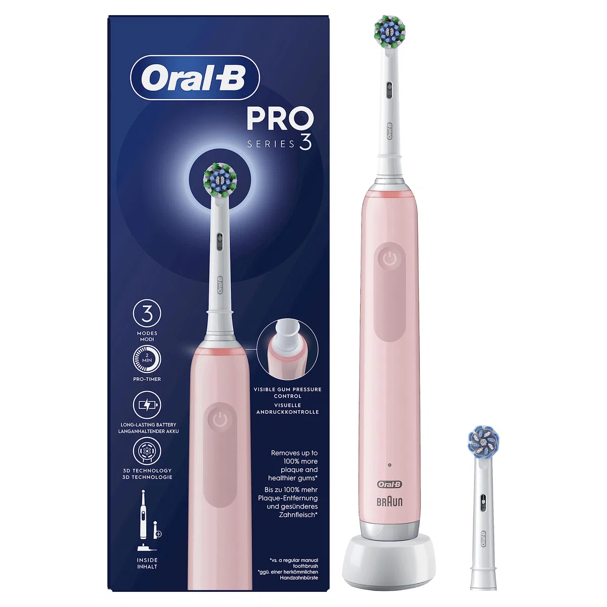 Oral-B Spazzolino Elettrico Ricaricabile Pro Series 3, Sensore di Pressione Luminoso, Batteria a Lunga Durata, 2 Testine, 1 Spazzolino Elettrico, 1 Custodia Viaggio, Rosa, Idea Regalo
