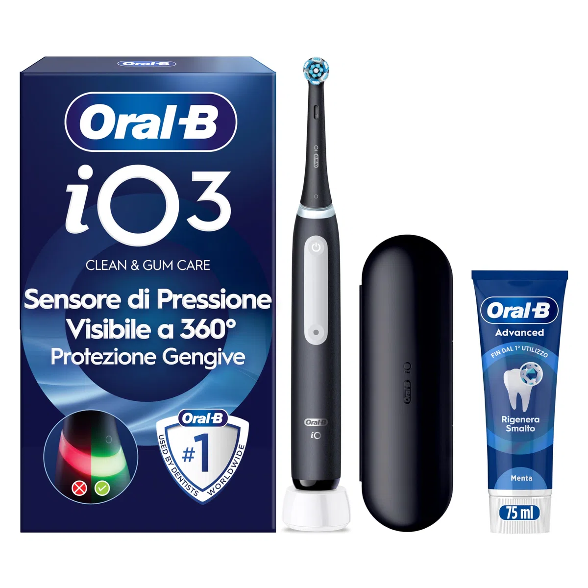 Oral-B Spazzolino Elettrico Ricaricabile iO 3N Nero, 1 Testina Di Ricambio, 1 Spazzolino Elettrico Oral B + 1 Dentifricio Gengive & Smalto Pro-Repair Classico 75ml