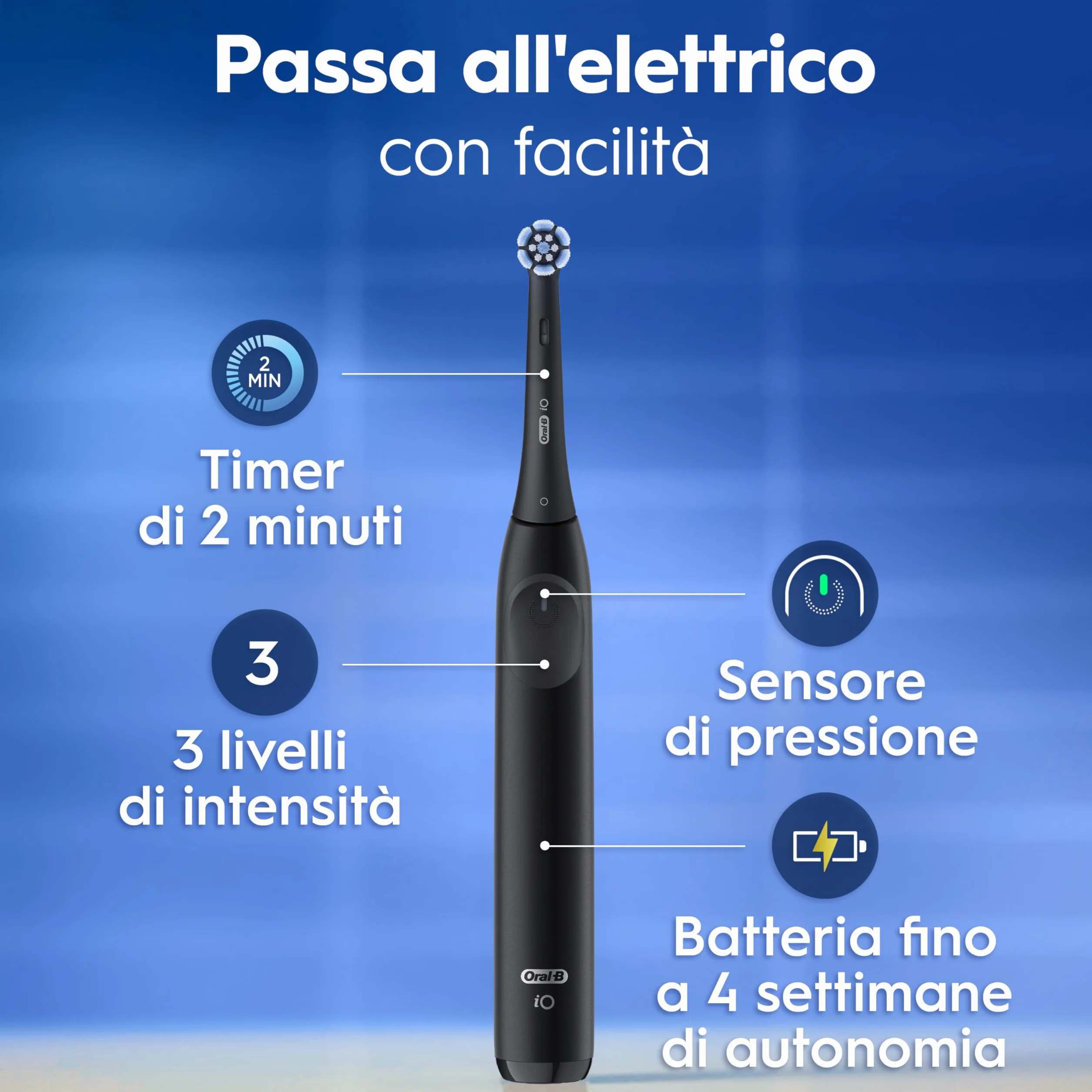Oral-B iO 2 Spazzolino Elettrico Oral B, Nero, 1 Testina Di Ricambio, 1 Custodia Da Viaggio, Spazzolino, Delicato sulle Gengive, Efficace sulla placca, Sensore di Pressione