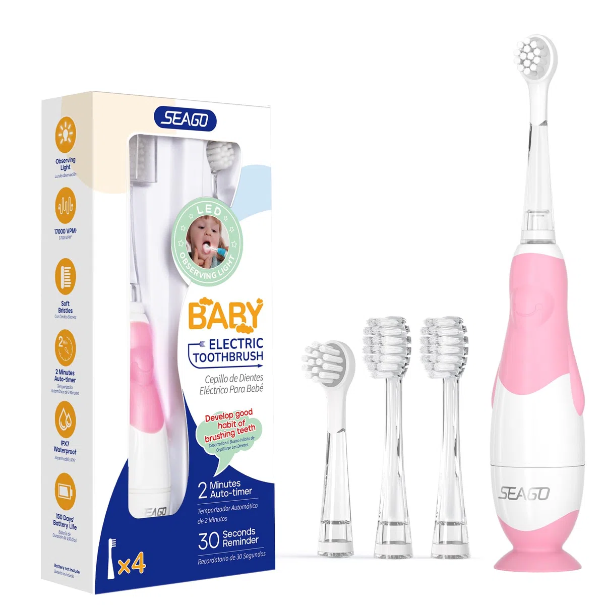 Seago Spazzolino Elettrico per Bambini 0-3 Anni, Spazzolino Sónico con Luce LED per Ispezione, 4 Testine di Ricambio, Base a Ventosa, Design a Pinguino, Impermeabile IPX7, Rosa