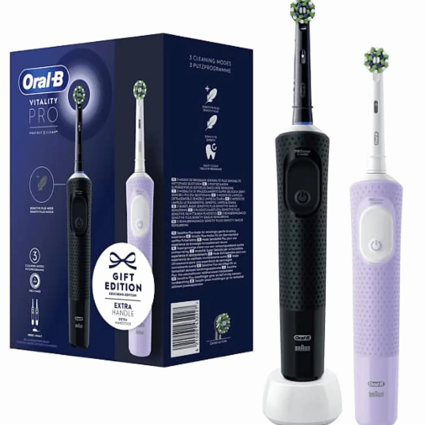 Oral-B Vitality Pro - Spazzolino da denti elettrico, 2 testine incluse, 3 modalità di pulizia per la cura dei denti, spazzolino elettrico, progettato da marrone, nero e viola