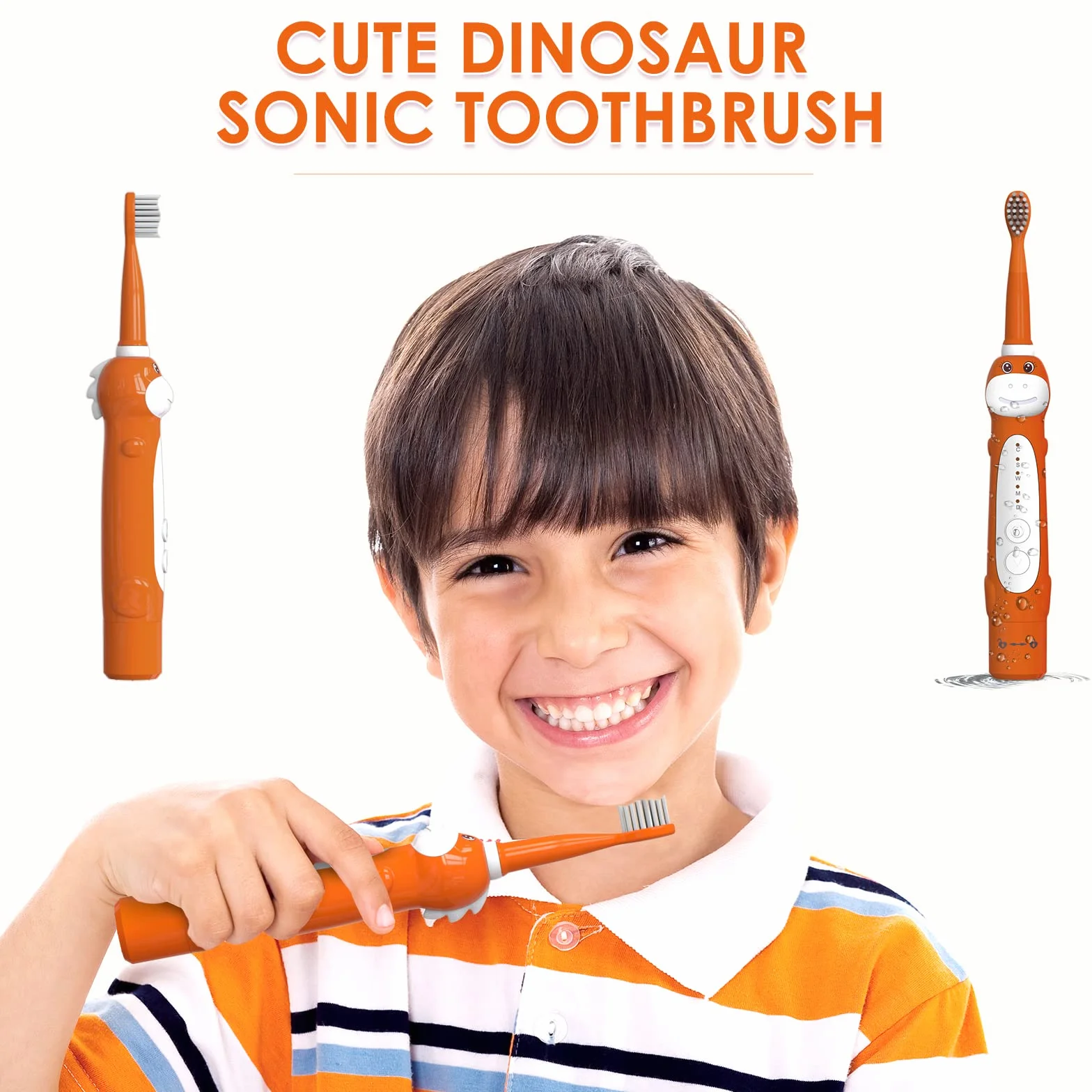 Spazzolino elettrico per dinosauri, spazzolino sonico per bambini, per bambini dai 3 ai 12 anni con promemoria di 30 secondi, timer da 2 minuti, 5 modalità, 4 testine, ricaricabile