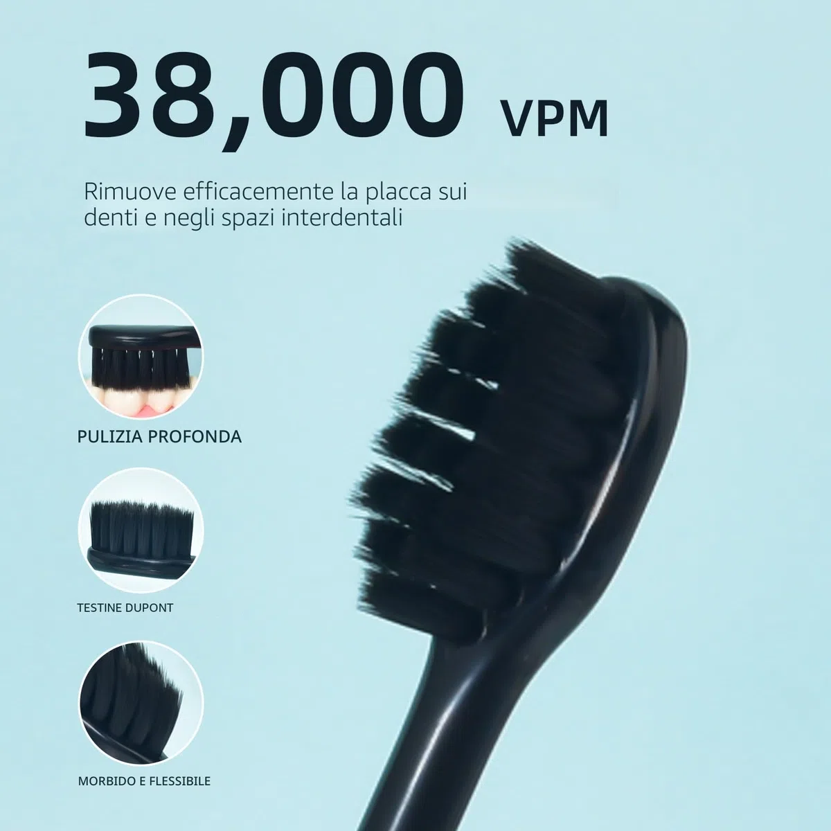Spazzolino elettrico da 30.000 Vpm, ricaricabile, 6 testine, timer intelligente di 2 minuti, 5 modalità, con sbiancamento dei denti, nero