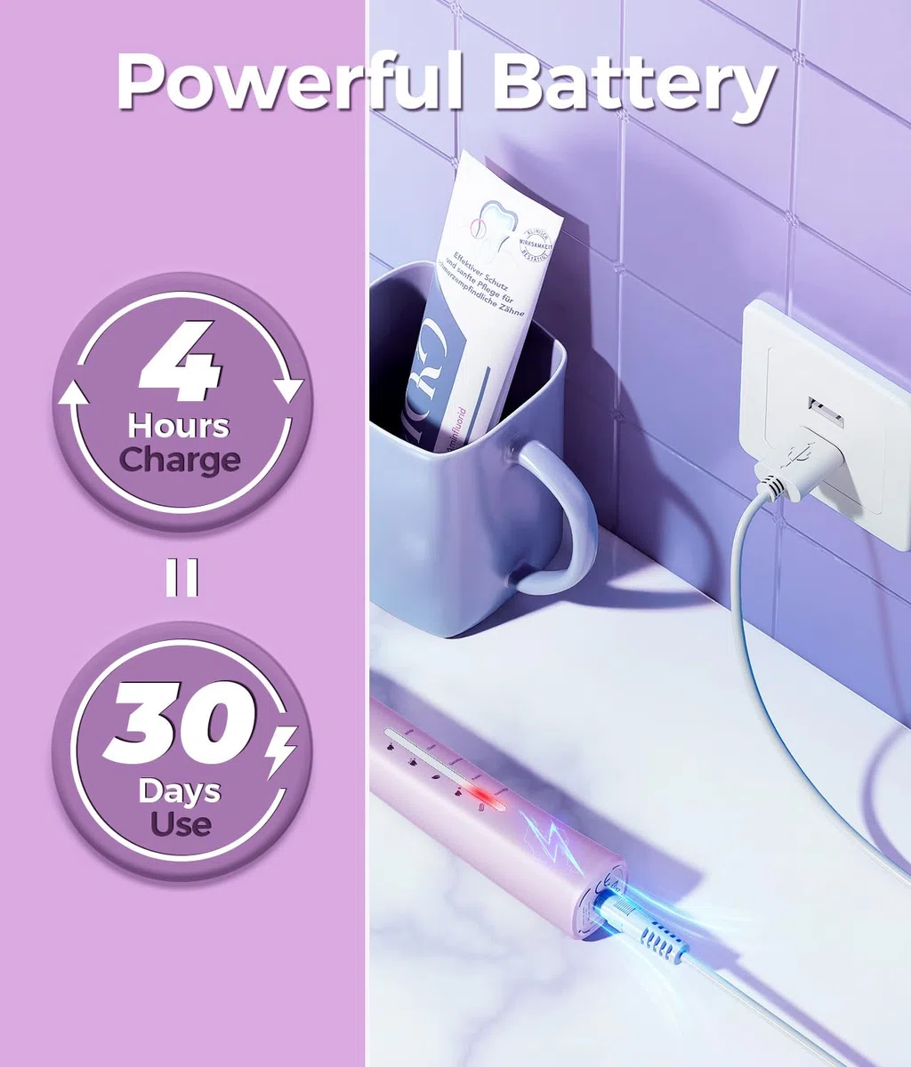 TEETHEORY Spazzolino elettrico Sonic con 8 testine 40000 VPM 5 modalità, ricarica rapida 4 ore e 30 giorni, spazzolino elettrico ricaricabile per adulti, viola