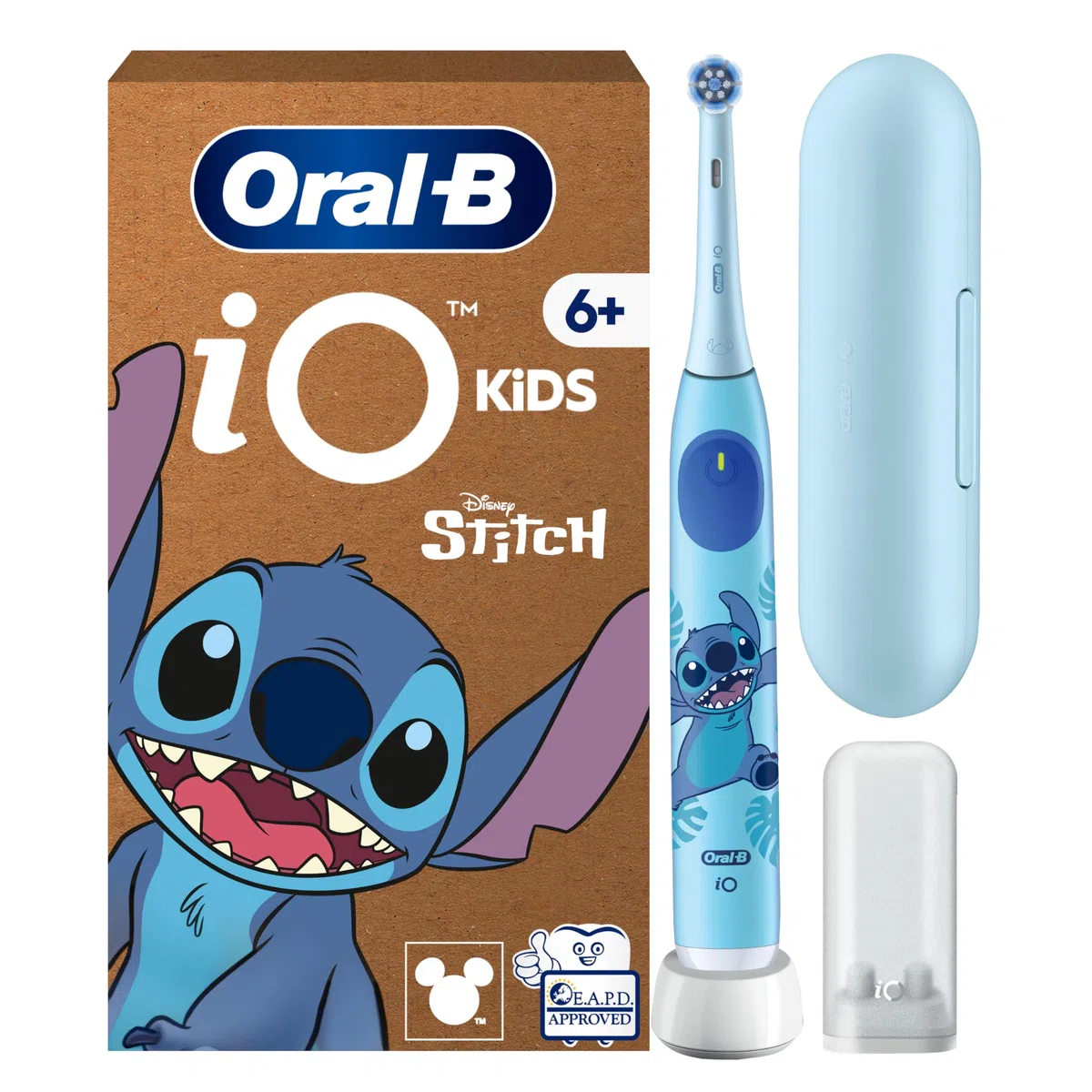 Oral-B Spazzolino Elettrico Ricaricabile iO Kids 6+, 1 Testina, Custodia, Azzurro - Disney Stitch, 1 Testina di Ricambio per Spazzolino Elettrico, dai 6 Anni in su, Delicato sulle Gengive, Custodia
