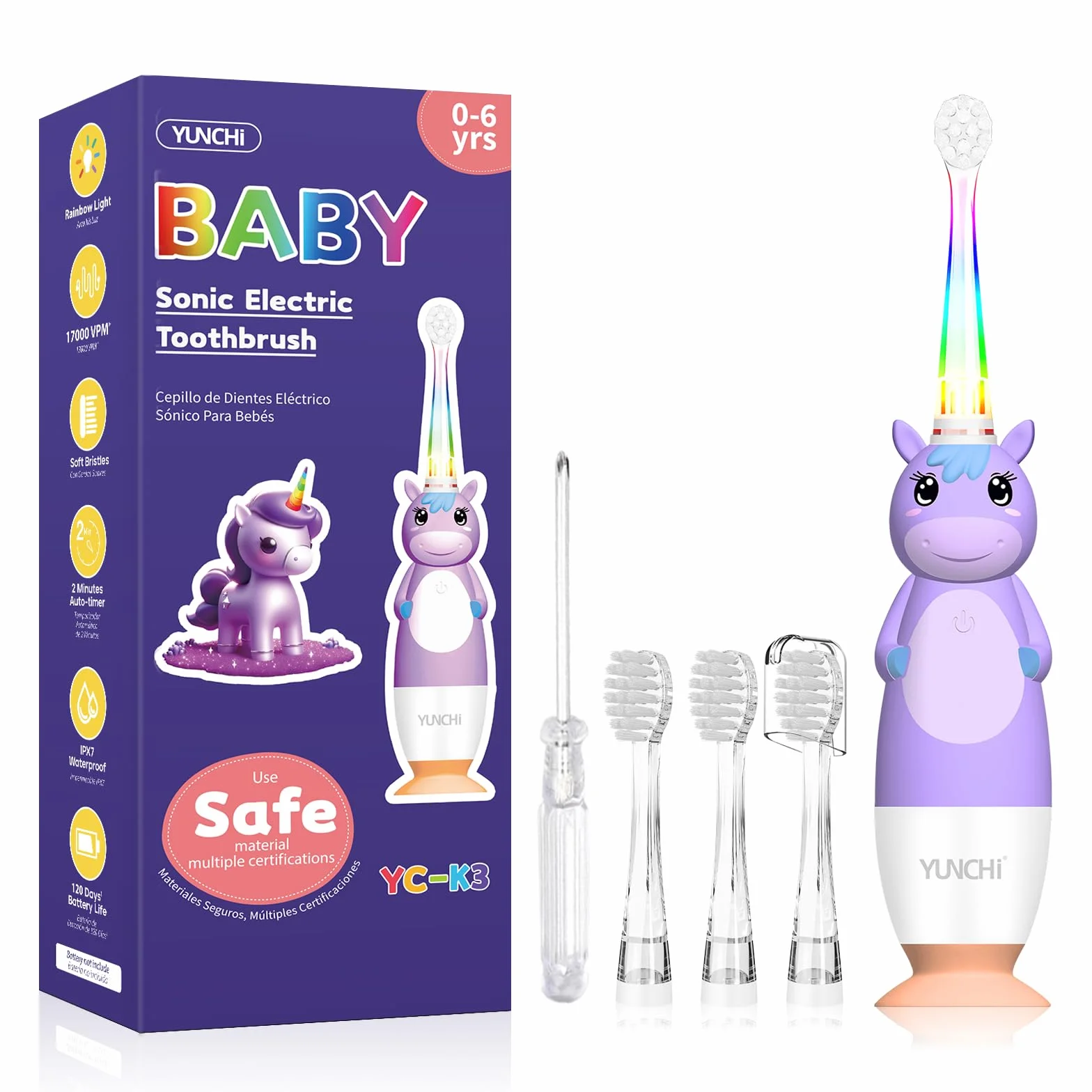 Spazzolino elettrico per bambini 0-3-6 anni, con timer, luce LED arcobaleno colorato, 4 testine morbide, alimentato a batteria, per ragazze, ragazzi, bambini, YUNCHI K3 (unicorno viola)