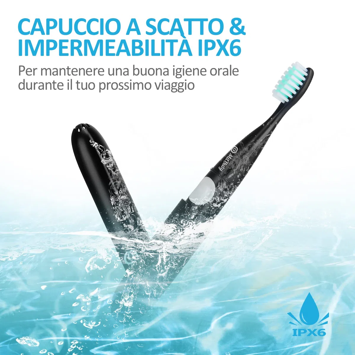 Spazzolino Elettrico da Viaggio con Testine di Ricambio, Spazzolino Elettrico a Batteria Impermeabile IPX6 Sonico – Inclusa Porta Spazzolino da Viaggio, Ideale per d'affari/Viaggi/Vacanze