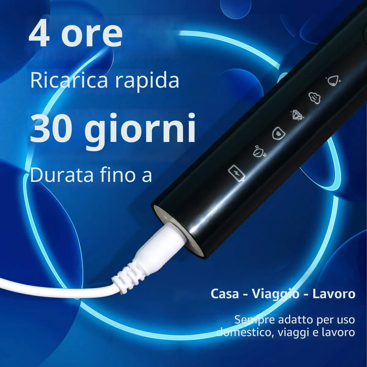 Spazzolino elettrico da 30.000 Vpm, ricaricabile, 6 testine, timer intelligente di 2 minuti, 5 modalità, con sbiancamento dei denti, nero