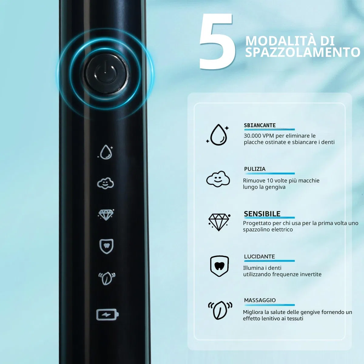 Spazzolino elettrico da 30.000 Vpm, ricaricabile, 6 testine, timer intelligente di 2 minuti, 5 modalità, con sbiancamento dei denti, nero