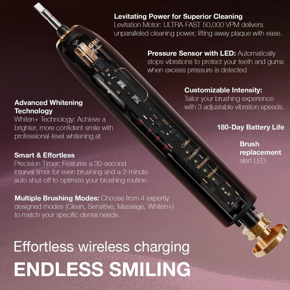 Wagner Stern IntelliBrush Series - Spazzolino elettrico sbiancante con sensore di pressione, 4 modalità di spazzolatura, 3 intensità, 8 testine morbide e una custodia da viaggio di lusso.