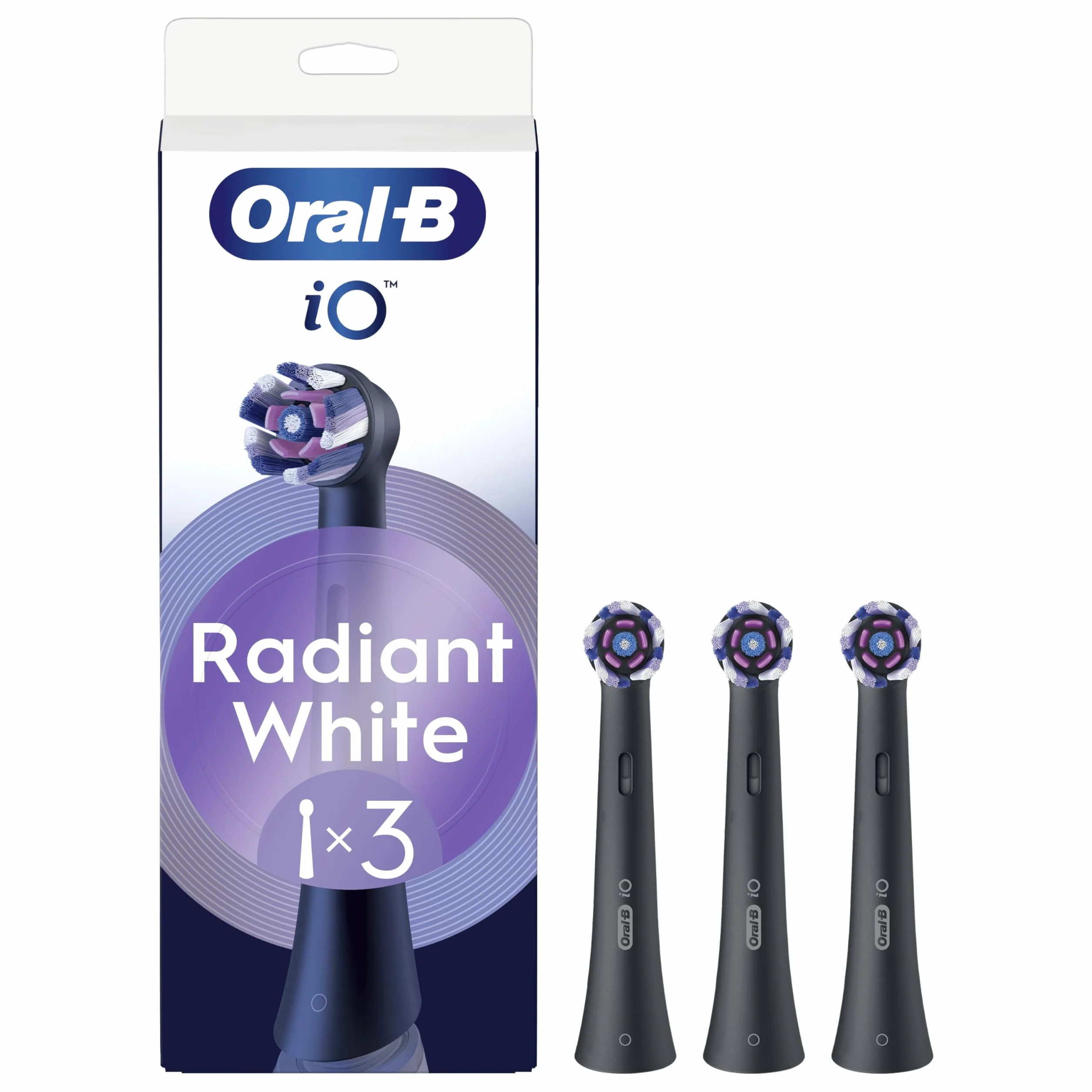 Oral-B Testine di Ricambio iO Series Radiant White Black, 3 testine rotonde originali per Spazzolino Elettrico, rimozione della placca, per lo sbiancamento dei denti