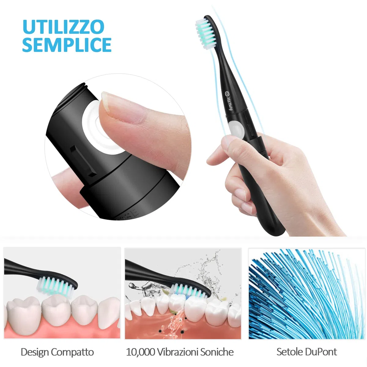 Spazzolino Elettrico da Viaggio con Testine di Ricambio, Spazzolino Elettrico a Batteria Impermeabile IPX6 Sonico – Inclusa Porta Spazzolino da Viaggio, Ideale per d'affari/Viaggi/Vacanze