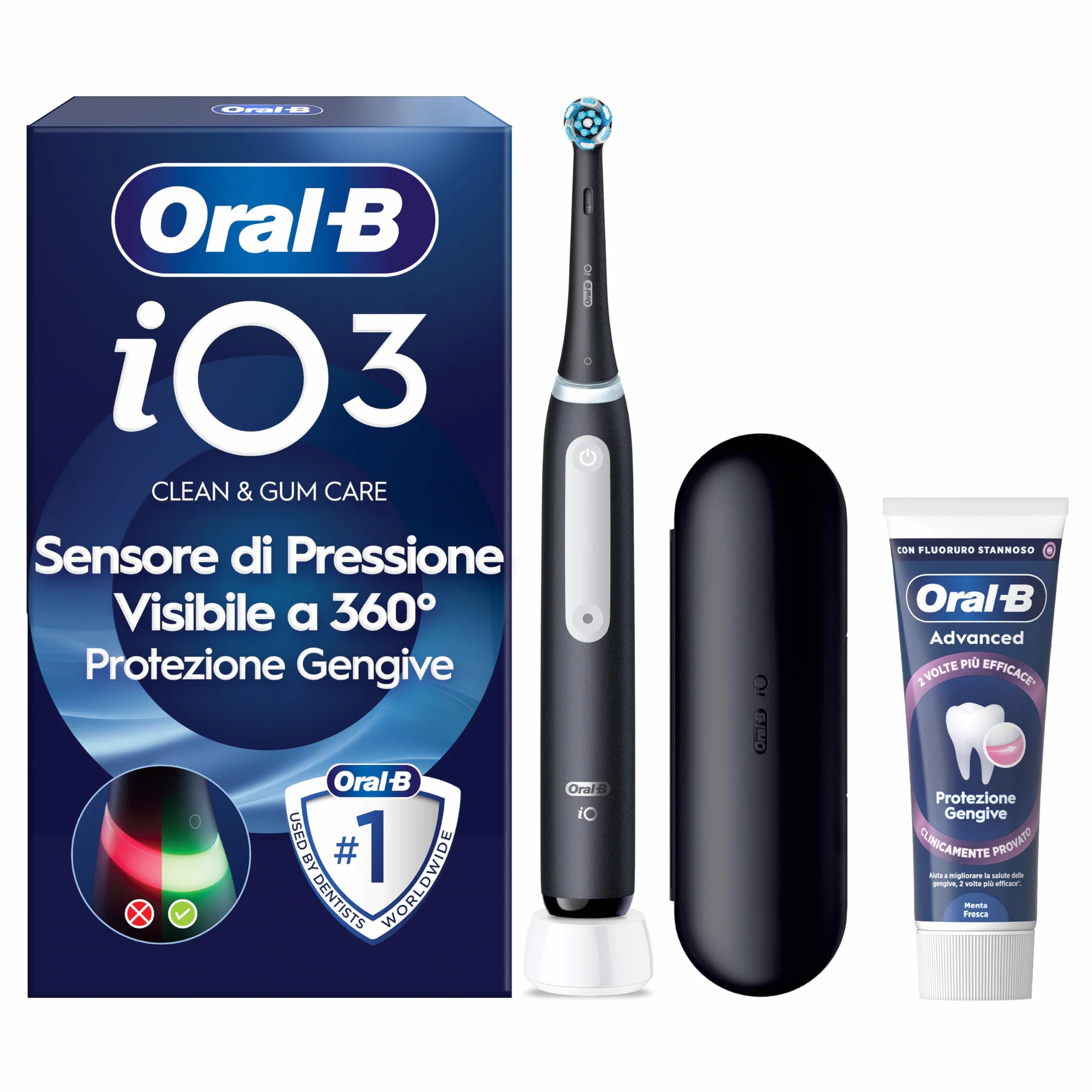 Oral-B Spazzolino Elettrico Ricaricabile iO 3 Nero, 1 Spazzolino Elettrico, 1 Testina Di Ricambio, Custodia Da Viaggio + Dentifricio Oral-B Advanced Protezione Gengive, Pulizia Denti Efficace