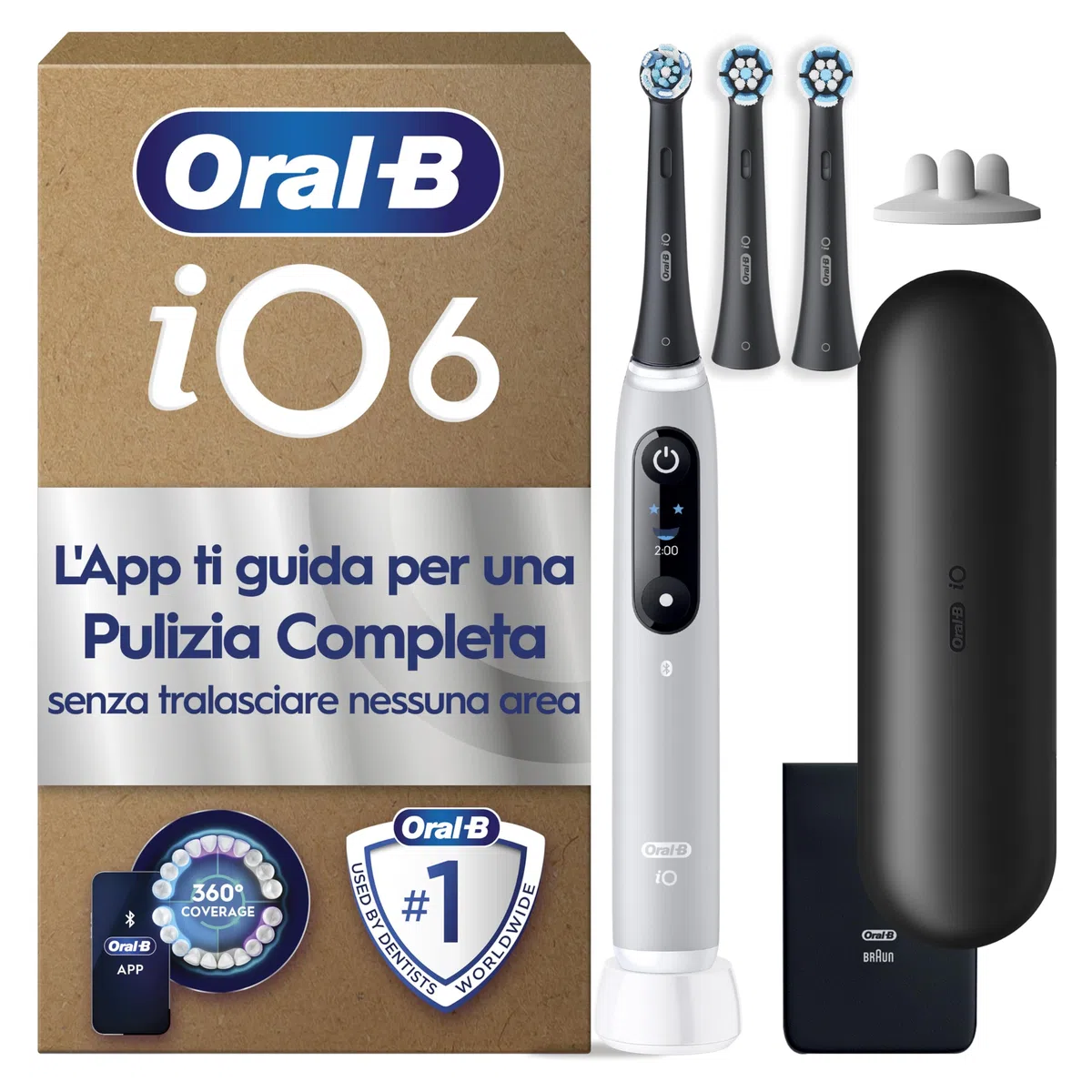 Oral-B iO 6 Spazzolino Elettrico Ricaricabile Grigio, 3 Testine Oral B Di Ricambio, 1 Custodia Da Viaggio. 1 Spazzolino Elettrico, Pulizia Denti Efficace