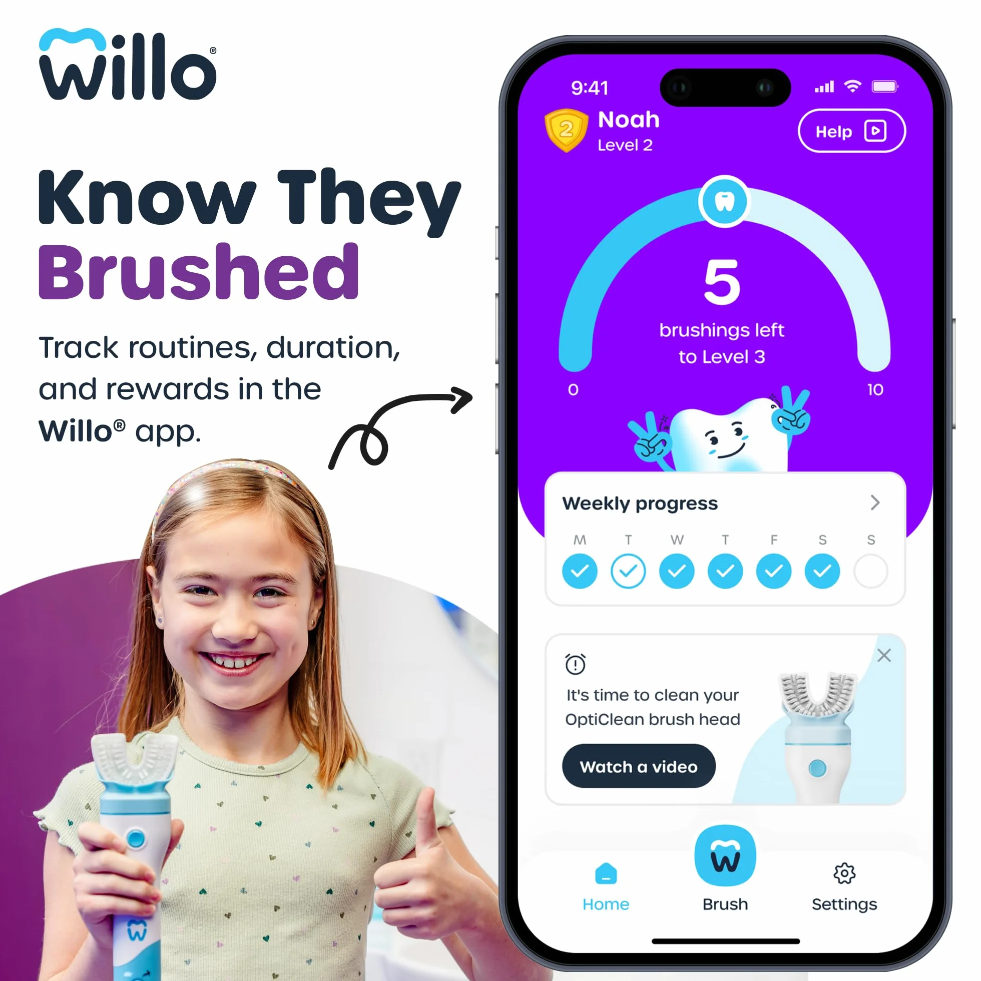 Willo BrushBot - Starter kit per bambini a forma di U, spazzolino automatico per bambini, timer da 2 minuti, connettività con app, setole morbide, ricaricabile, rimozione della placca, senza bolle