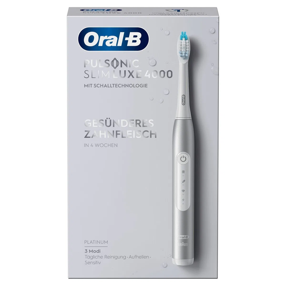 Oral-B, Pulsonic Slim Luxe 4000, spazzolino elettrico sonico per gengive più sane in 4 settimane, 3 modalità di pulizia fra cui Sensibile e Sbiancante, timer, 1 testina Pulsonic Clean, platino
