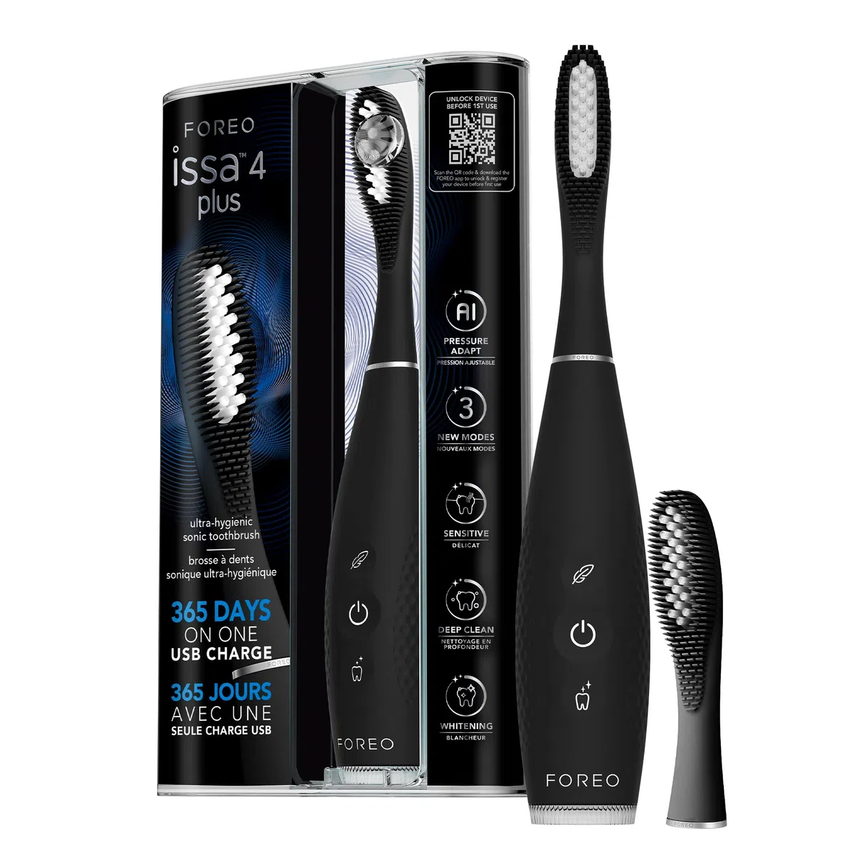 FOREO issa 4 plus Spazzolino Elettrico Sonico – Bundle 4-in-1 Ricaricabile con AI, Testina Ibrida Silicone e Polimero Extra, Setole Morbide, Sbiancante denti, Pulizia denti Ultra-Igienica