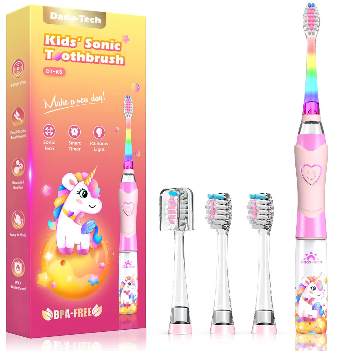 Spazzolino Elettrico Bambini 3-6-12 Anni Spazzolino Elettrico Bambina Bambino Con Timer Luci LED Arcobaleno E 4 Testine Morbide (Unicorno Rosa)