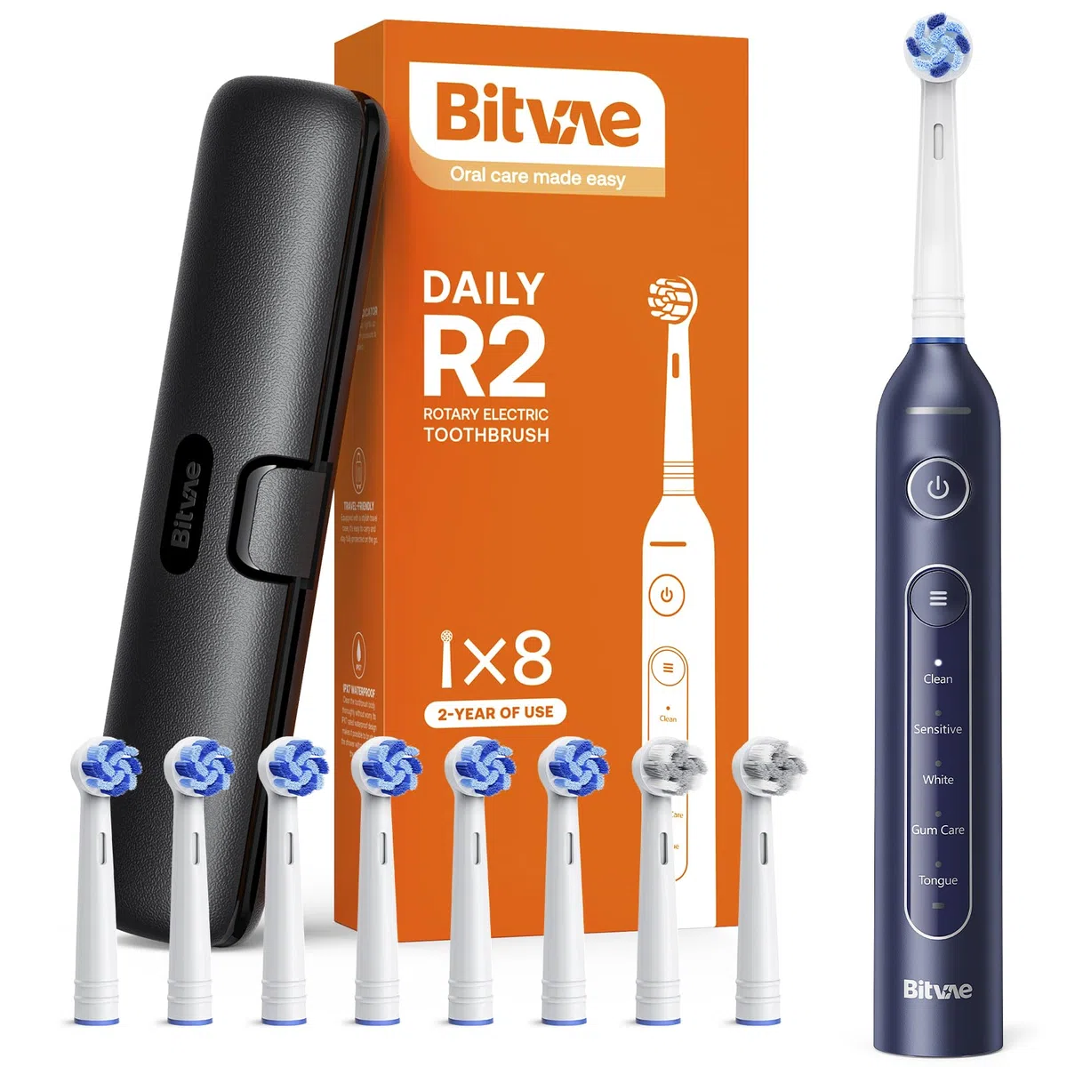 Bitvae R2 Spazzolino Elettrico Rotante da Viaggio, 8 Testine Professionali, Custodia da Trasporto, 5 Modalità di Cura dei Denti, Allerte di Pressione per Prevenire Lesioni alle Gengive, Durata