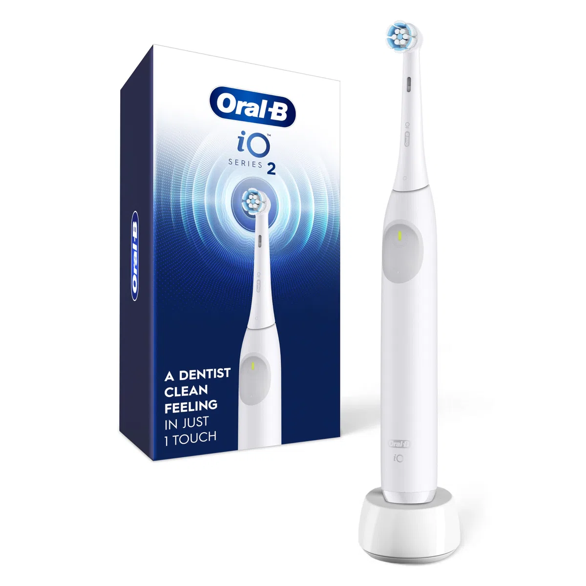 Oral-B iO Series 2 - Spazzolino da denti elettrico ricaricabile, bianco puro, con 1 testina per la cura delicata, sensore automatico di pressione per proteggere le gengive, 3 modalità, timer da 2
