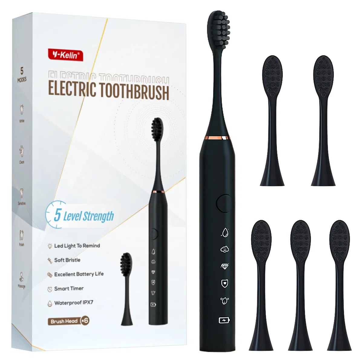 Spazzolino elettrico da 30.000 Vpm, ricaricabile, 6 testine, timer intelligente di 2 minuti, 5 modalità, con sbiancamento dei denti, nero