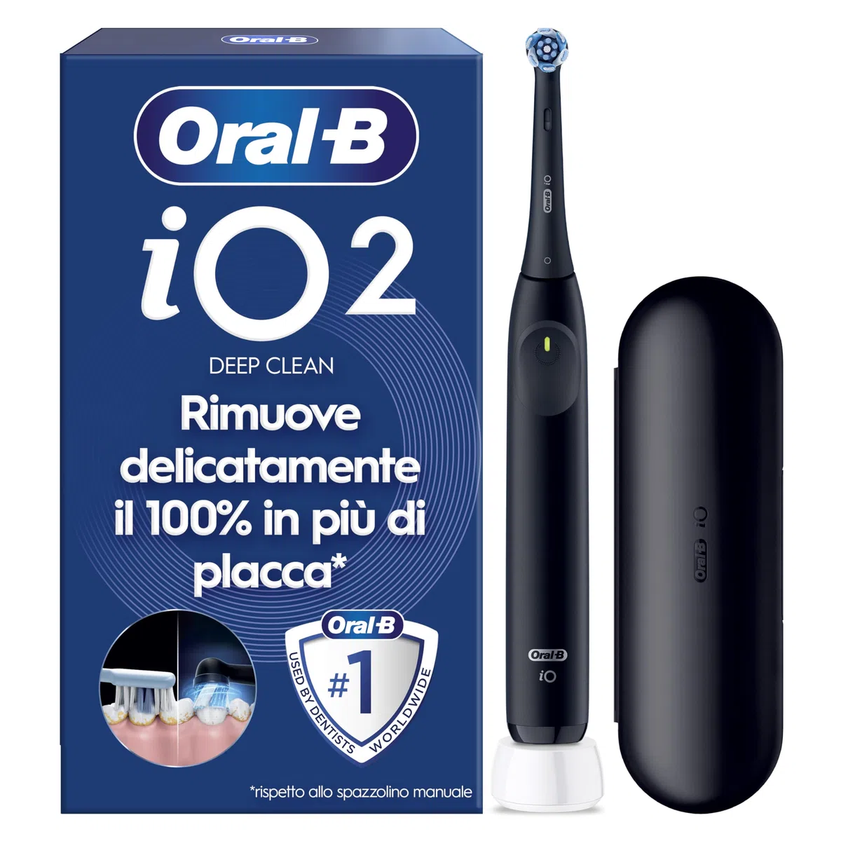 Oral-B iO 2 Spazzolino Elettrico Oral B, Nero, 1 Testina Di Ricambio, 1 Custodia Da Viaggio, Spazzolino, Delicato sulle Gengive, Efficace sulla placca, Sensore di Pressione