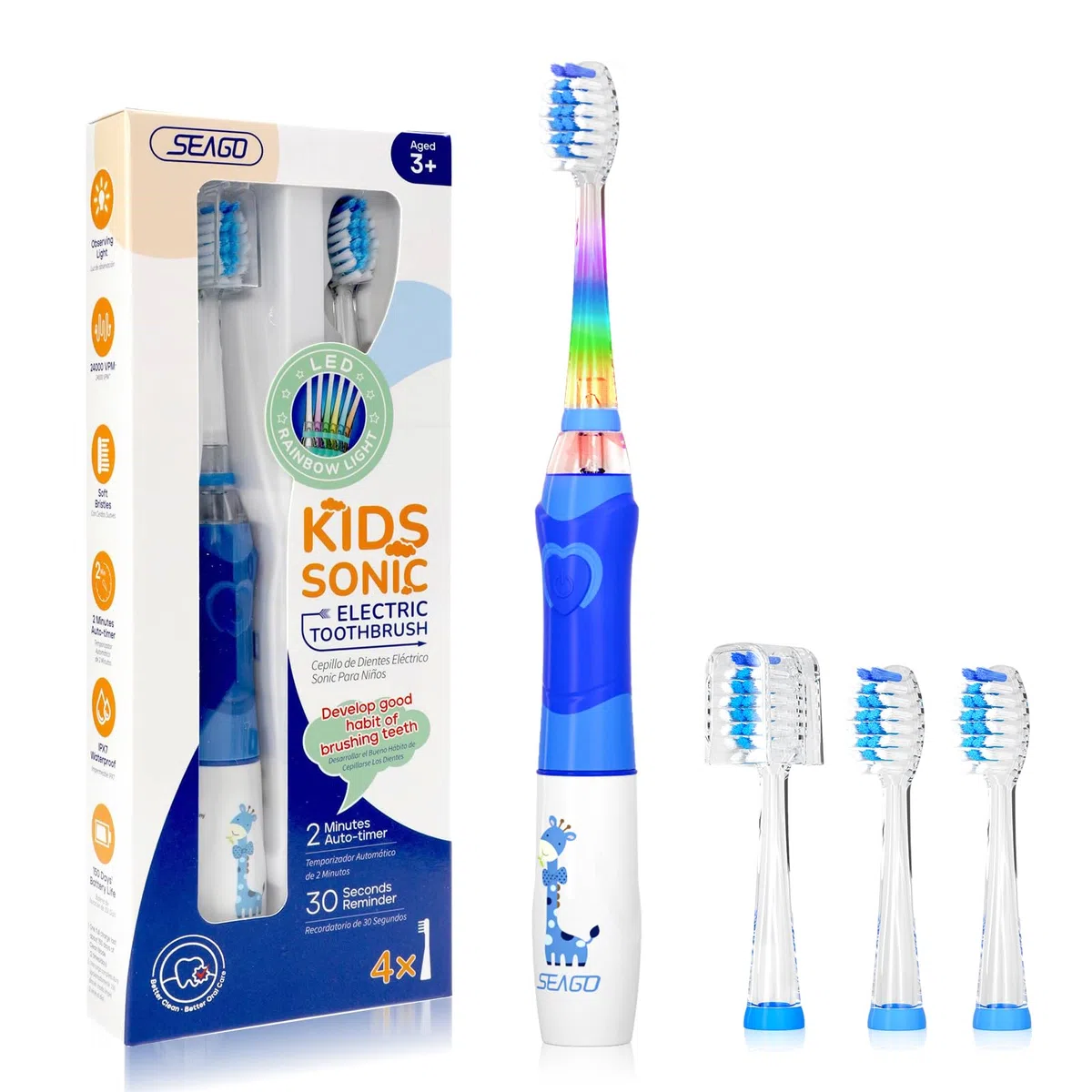 Seago Spazzolino Elettrico Bambini 3-12 Anni Spazzolino Bambini Spazzolini Elettrici Con 4 Testine Spazzolino Elettrico Luce LED Colorata e Osservante 4 Modalità Timer Intelligente SG-977, Blu
