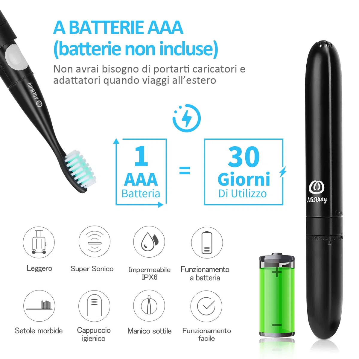 Spazzolino Elettrico da Viaggio con Testine di Ricambio, Spazzolino Elettrico a Batteria Impermeabile IPX6 Sonico – Inclusa Porta Spazzolino da Viaggio, Ideale per d'affari/Viaggi/Vacanze