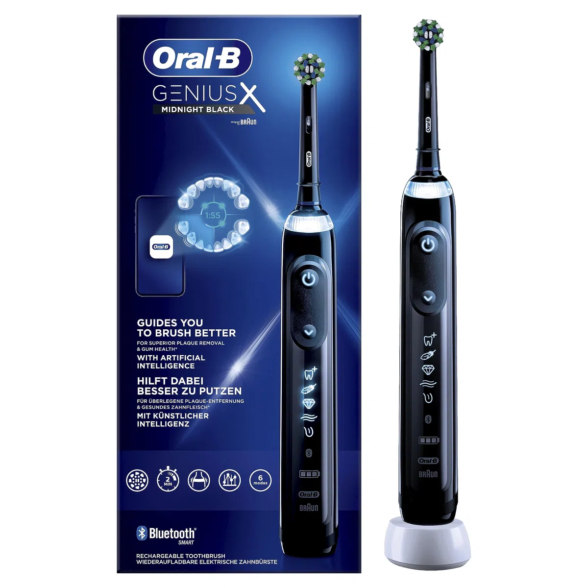 Oral-B Genius X, 1 spazzolino di colore nero, 6 Modalità di Spazzolamento, 1 testina, Intelligenza Artificiale, Batteria litio