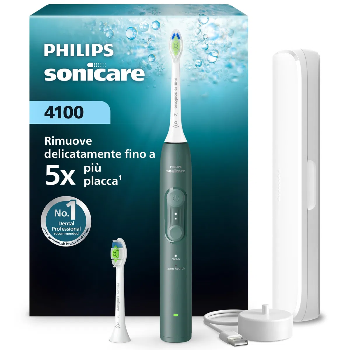 Philips Sonicare Serie 4100 - Spazzolino elettrico sonico, Sensore di pressione, 4 impostazioni, EasyStart, SmarTimer, autonomia 21 giorni, custodia, verde bosco, HX4042/46, [Nuovo]